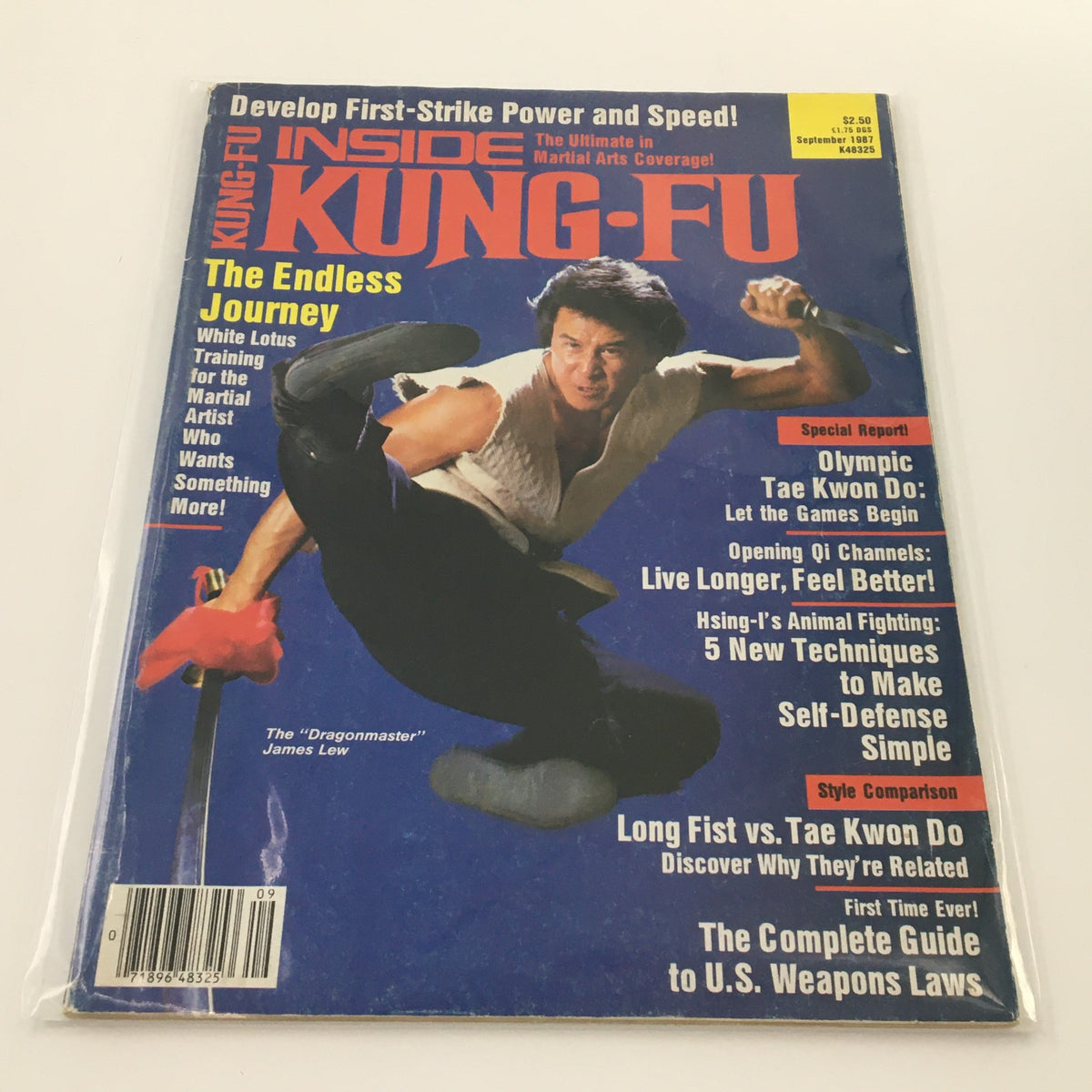 Cover of Inside Kung-Fu Magazine September 1987 featuring the 'Dragonmaster' James Lew in an action pose. The magazine highlights martial arts with articles on Olympic Tae Kwon Do, Qi channels, and self-defense techniques. It captures the vintage aesthetic of 80s martial arts culture.