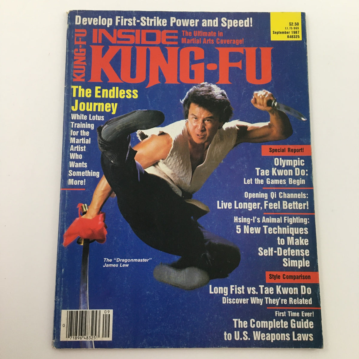 Inside Kung-Fu Magazine September 1987 featuring the "Dragonmaster" James Lew on the cover, showcasing martial arts with vivid graphics and compelling articles on martial arts techniques and training.
