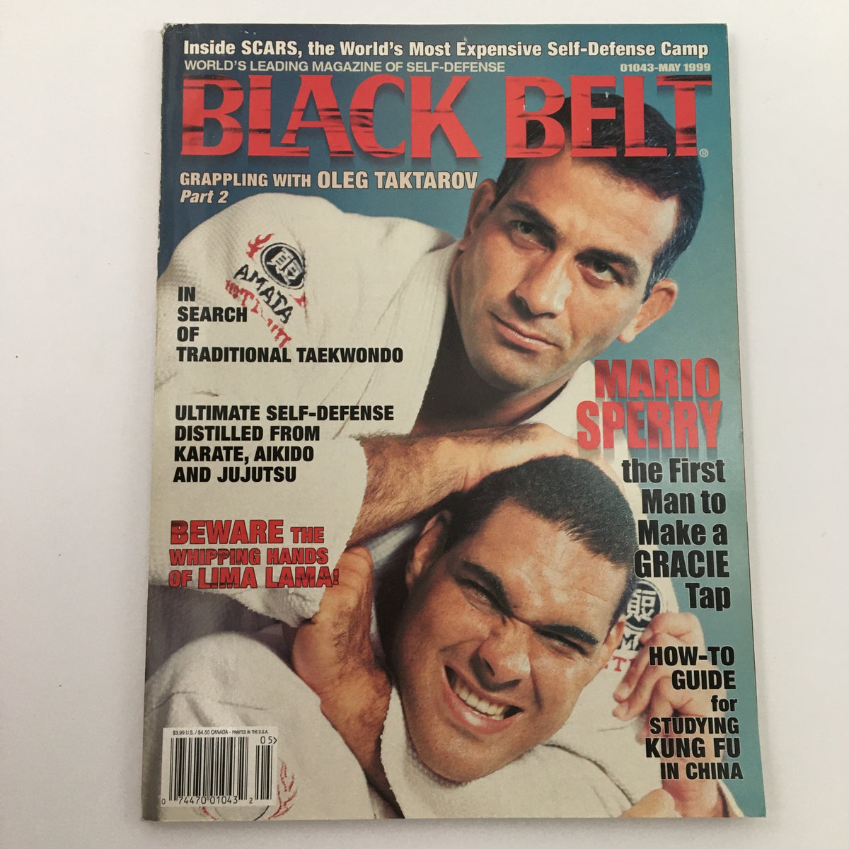 Black Belt Magazine May 1999 cover showcasing grappling with Oleg Taktarov. The magazine includes articles on traditional Taekwondo, self-defense insights, and a spotlight on Mario Sperry's achievements in martial arts.