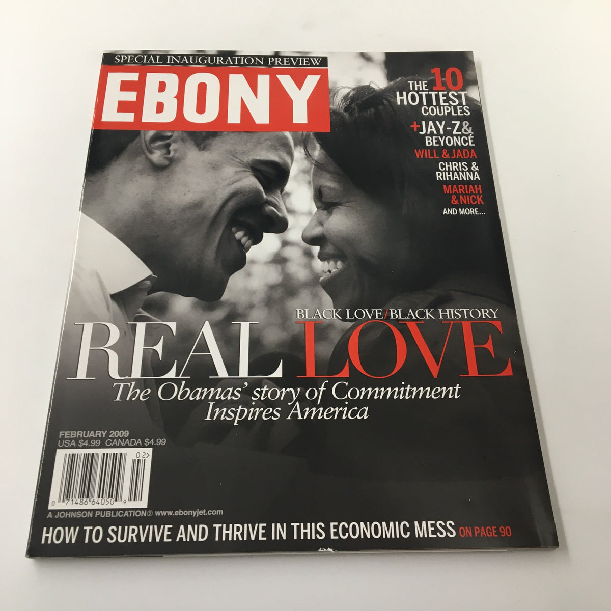 Ebony Magazine February 2009 featuring Barack and Michelle Obama on the cover with the title 'Real Love'. The iconic magazine highlights their inspiring love story and commitment, making it a valuable collectible for vintage magazine enthusiasts.