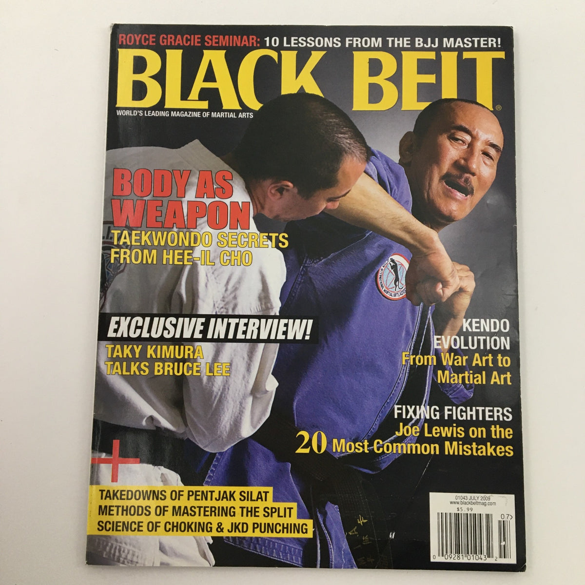 Front cover of Black Belt Magazine July 2009 showcasing Taky Kimura discusses Bruce Lee, alongside articles on martial arts strategies and exclusive insights.