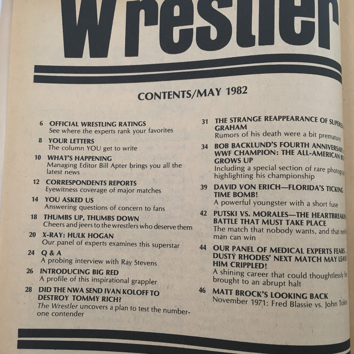 Table of contents for The Wrestler Magazine May 1982 featuring Bob Backlund, highlighting articles and ratings in professional wrestling.