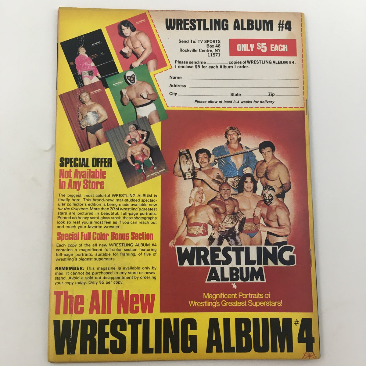 Back cover of The Wrestler Magazine May 1982 featuring Wrestling Album #4 advertisement, showcasing portraits of wrestling superstars.