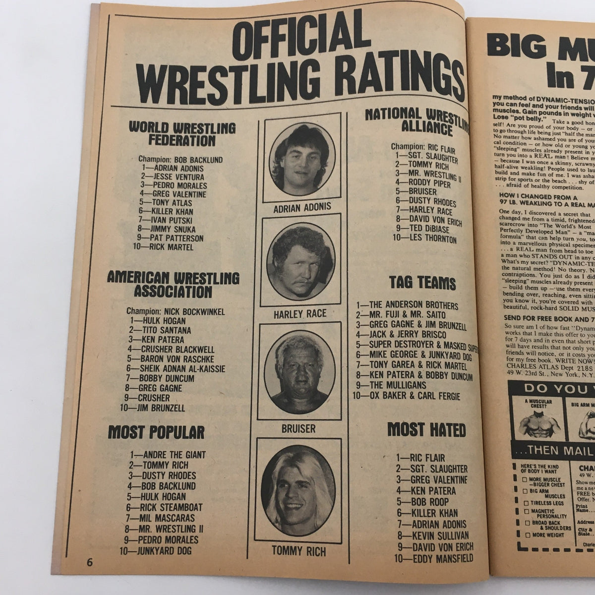 Official wrestling ratings page from The Wrestler Magazine May 1982, detailing rankings of wrestlers including Bob Backlund as WWF Champion.