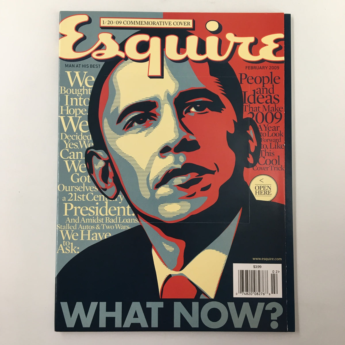 Esquire Magazine February 2009 Barack Obama Commemorative Cover featuring a stylized portrait of Obama and the headline 'WHAT NOW?'. A valuable collectible illustrating a pivotal moment in American history.