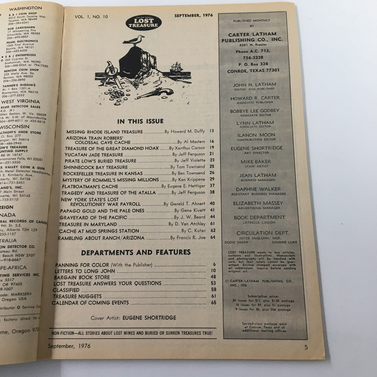 Interior page of Lost Treasure Magazine from September 1976, highlighting articles including Missing Rhode Island Treasure and Arizona Train Robbers.