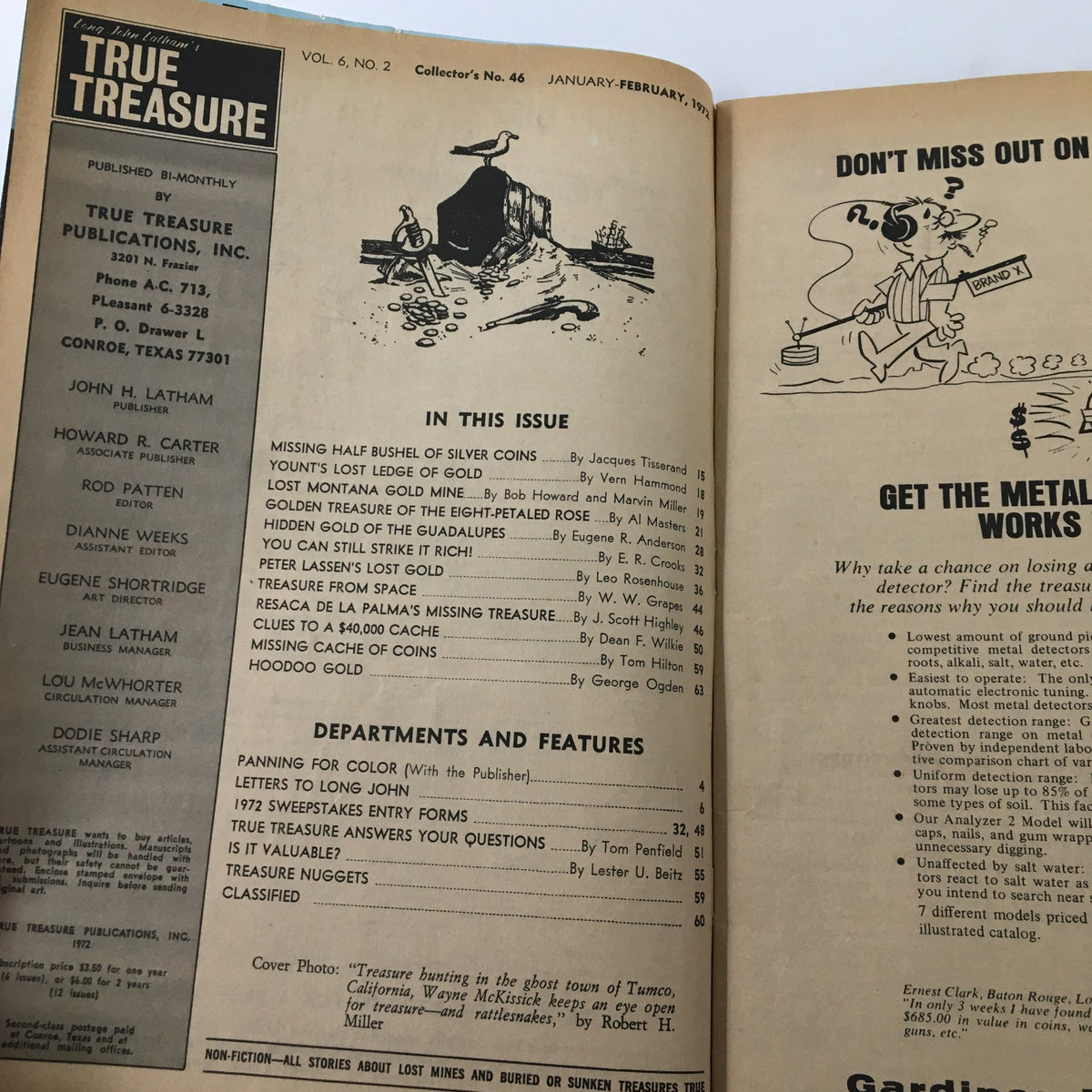 Interior page of VTG True Treasure Magazine February 1972 displaying contents and articles including 'Golden Treasure of the Eight-Petaled Rose' and details about lost treasures.