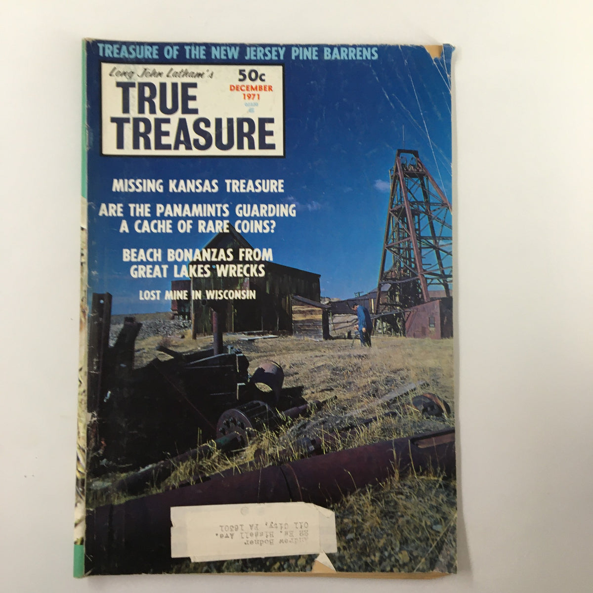 Cover of VTG True Treasure Magazine December 1971 featuring the title, 'Treasure of New Jersey Pine Barrens' along with articles about Kansas treasure and Great Lakes wrecks.