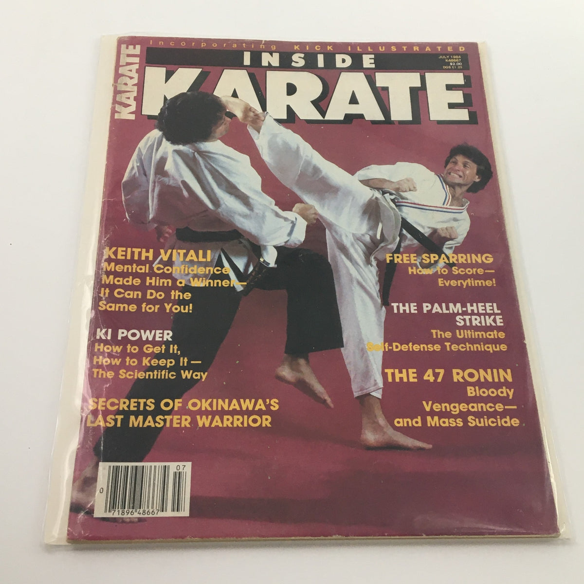 Cover of Inside Karate Magazine July 1984 featuring Keith Vitali on the front, showcasing the article 'Mental Confidence'. The magazine includes tips on free sparring, self-defense techniques, and highlights martial arts themes from the 1980s.