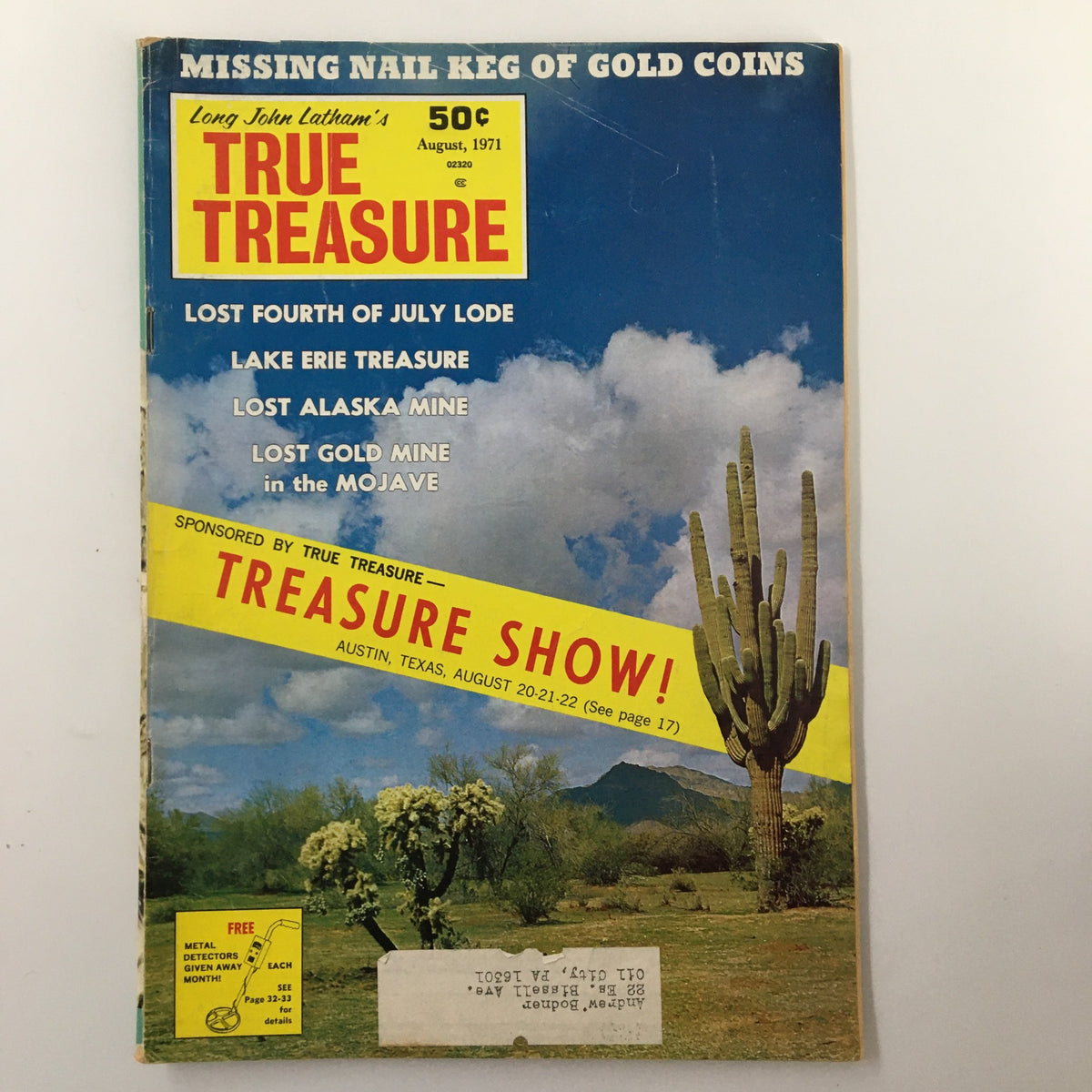 Cover of VTG True Treasure Magazine August 1971 featuring the headline 'Missing Nail Keg of Gold Coins' with images of a cactus and blue sky, showcasing adventure stories and treasure hunting.