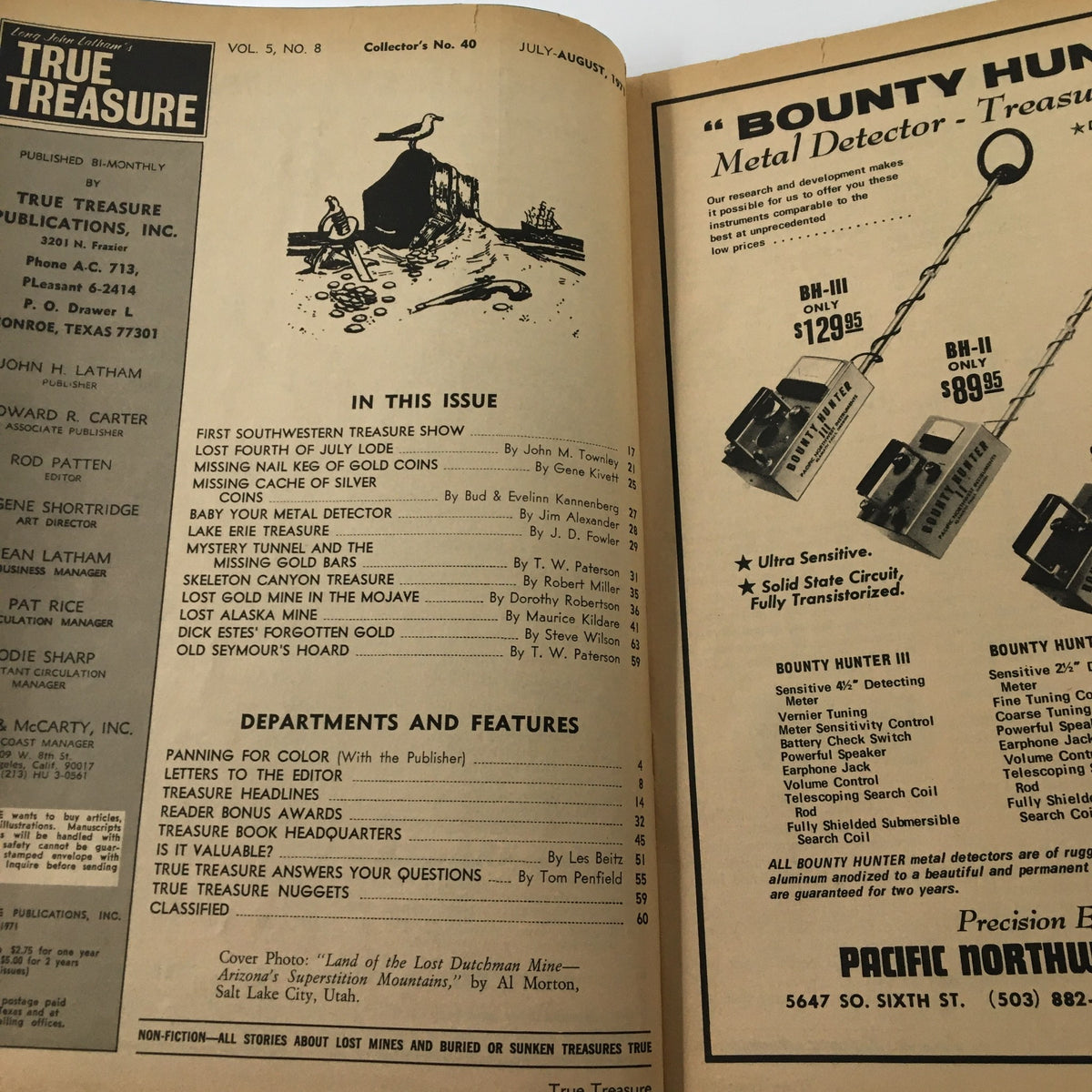 Inside page of VTG True Treasure Magazine, August 1971, displaying contents and features, including the article on the Missing Nail Keg of Gold Coins, along with advertisements for metal detectors.