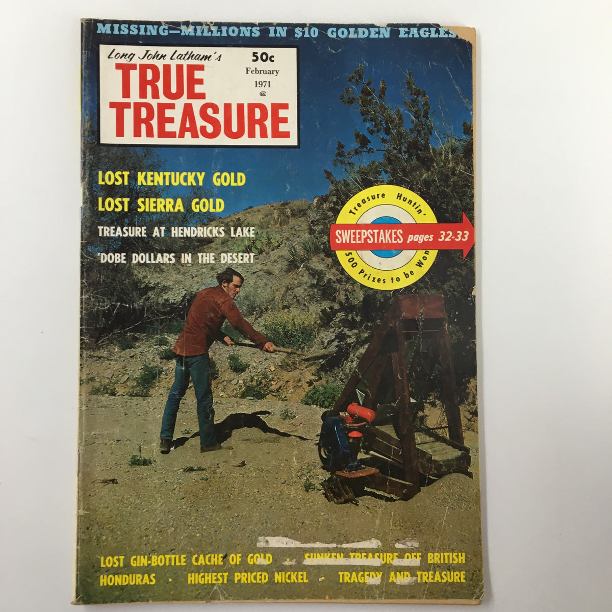 Cover of VTG True Treasure Magazine February 1971, featuring the headline 'Missing Millions in $10 Golden Eagles' and images related to lost treasure including a person digging in the desert.