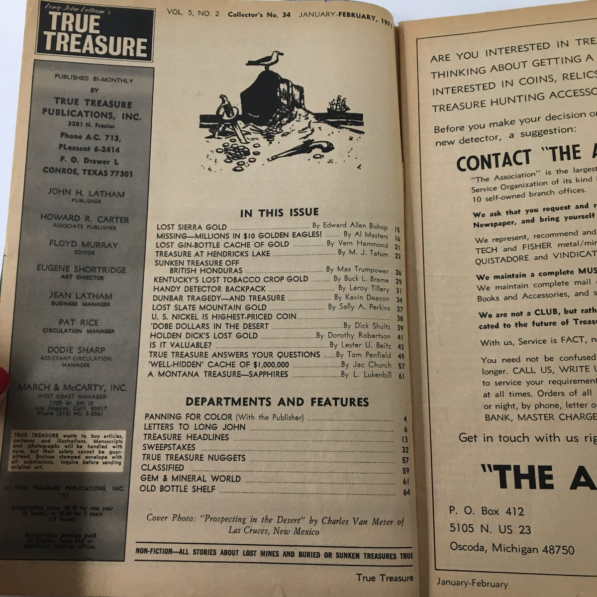 Inside page of VTG True Treasure Magazine February 1971, listing articles about lost treasures, featuring 'Lost Sierra Gold' and 'Missing Millions in $10 Golden Eagles' along with detailed sections.