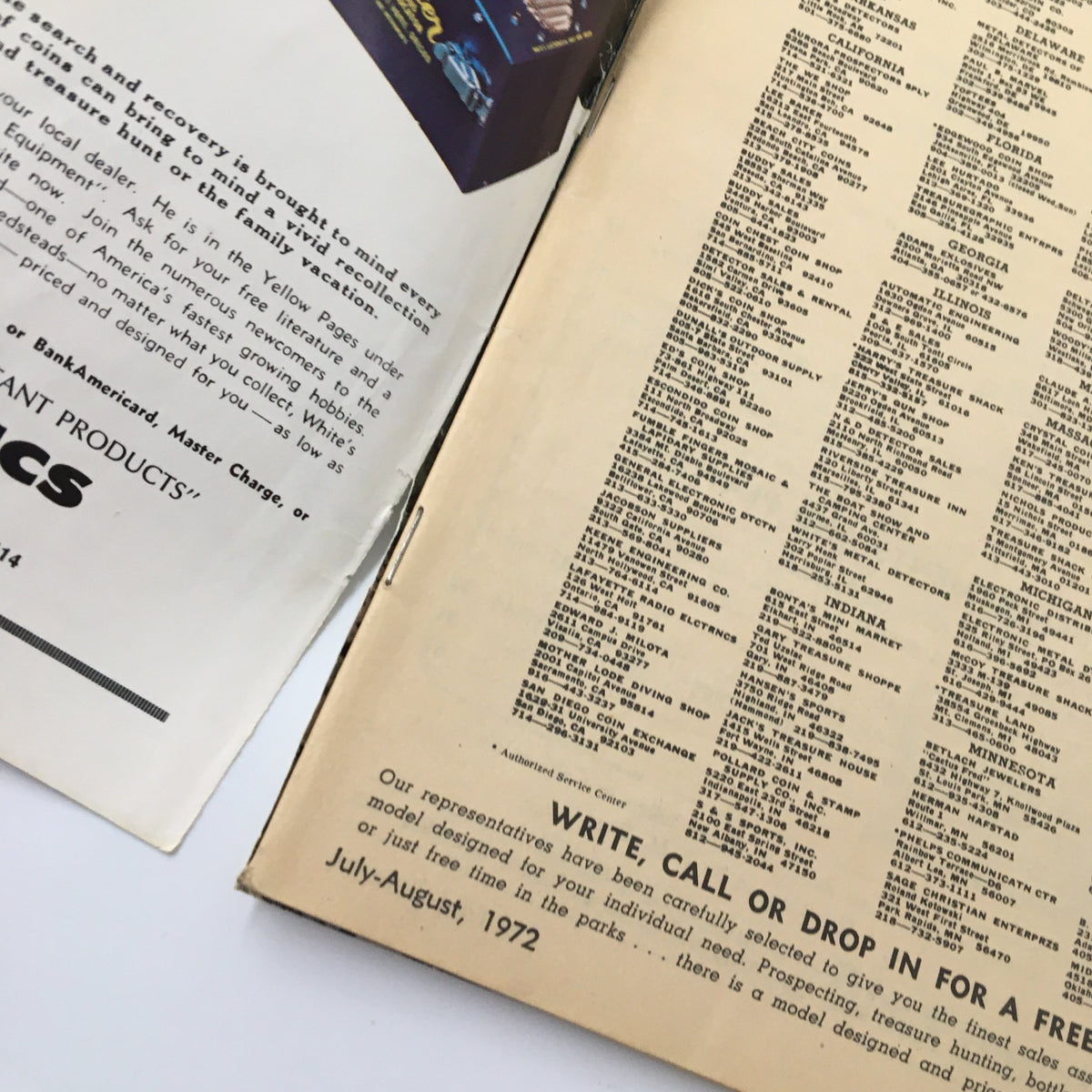 Inside page of VTG True Treasure Magazine August 1972 showing advertisements and listings related to treasure hunting and metal detection.