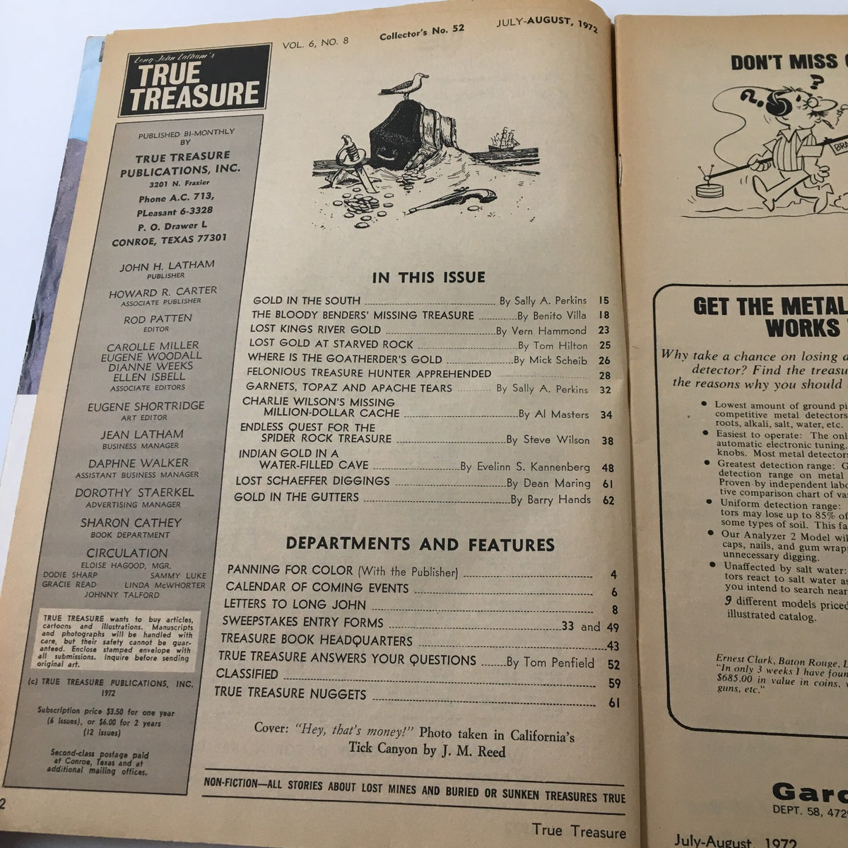 Another inside page of VTG True Treasure Magazine August 1972, featuring the magazine's contents list and details about treasure-related articles.