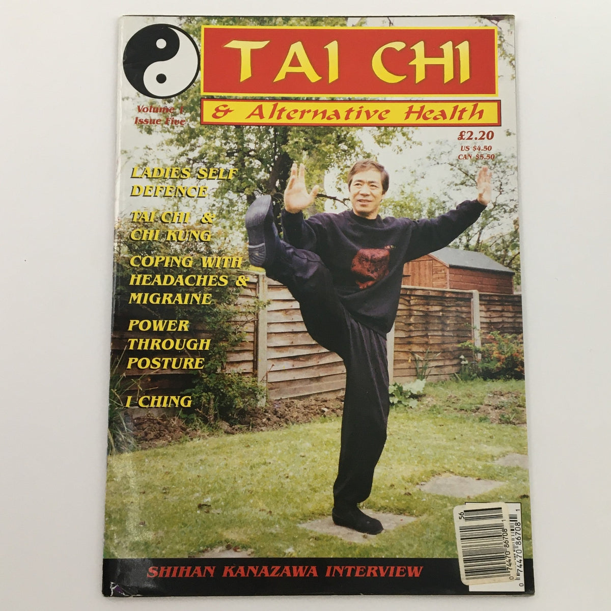 Front cover of Tai Chi & Alternative Health Summer 1995 Vol 1 #5 showcasing Shihan Kanazawa demonstrating Tai Chi, with highlights on self-defense, coping strategies for headaches, and the importance of posture for health.