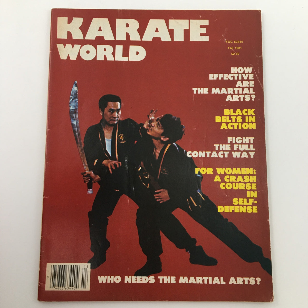 Cover image of Karate World Magazine Fall 1981, highlighting articles on martial arts techniques and self-defense with a dramatic illustration of two karate practitioners.