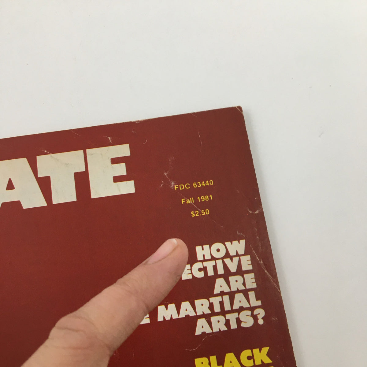 Close-up of the top corner of Karate World Magazine Fall 1981, displaying publication details and the cover title that discusses martial arts effectiveness.