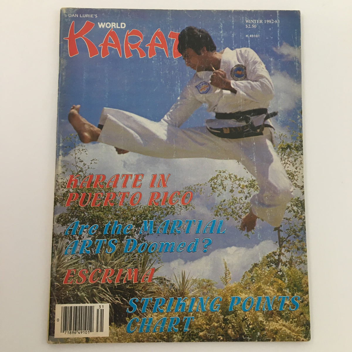 Front cover of Karate World Magazine Winter 1982-1983 displaying a martial artist in action, emphasizing articles on Karate in Puerto Rico and an exploration of Martial Arts.