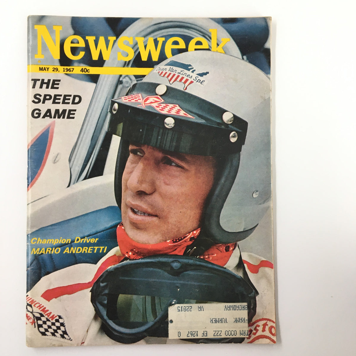 Vintage Newsweek Magazine from May 29 1967 featuring Champion Driver Mario Andretti on the cover, highlighting 'The Speed Game' with a close-up of Andretti wearing a racing helmet.