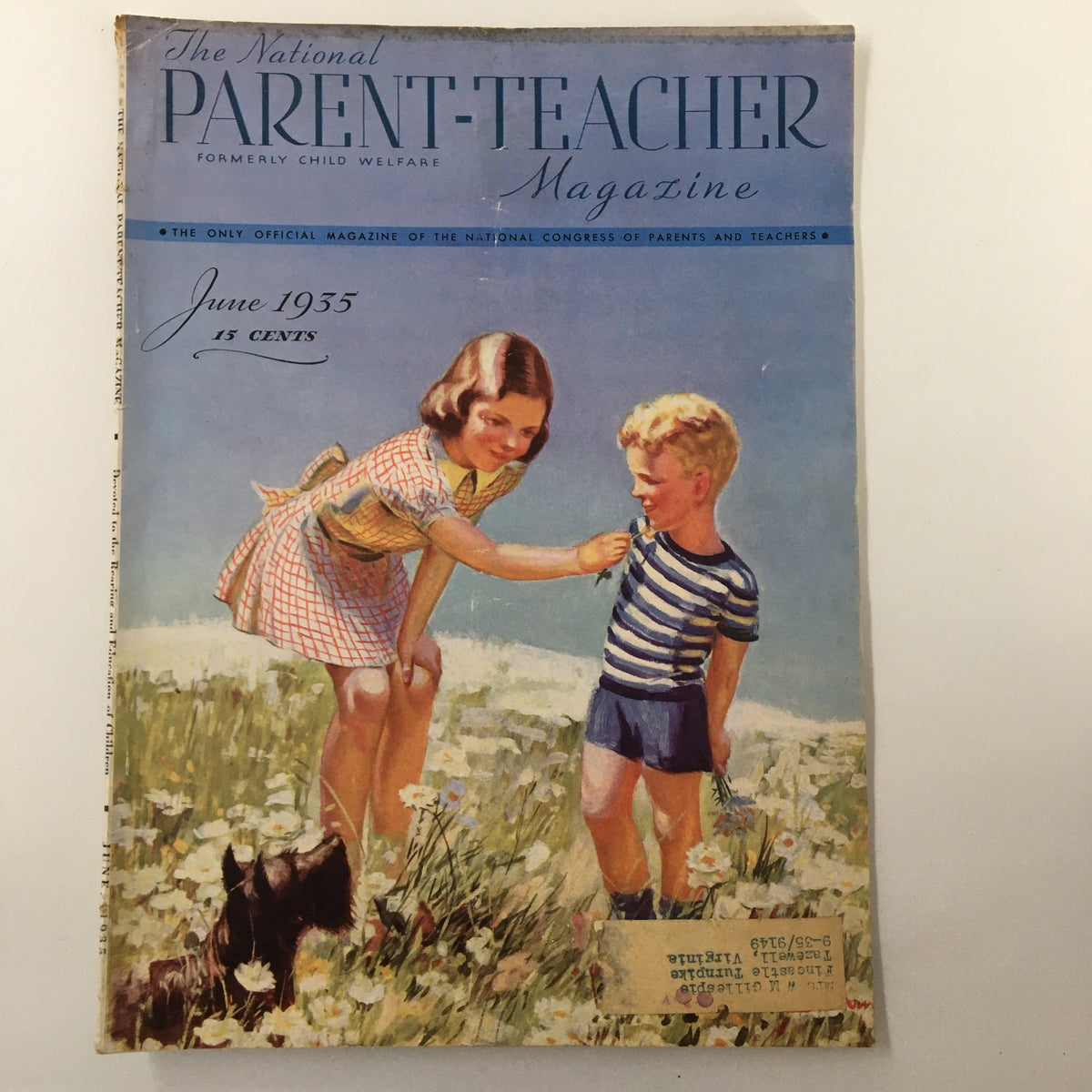 Cover of The National Parent-Teacher Magazine June 1935 featuring a vintage illustration of a girl and a boy interacting in a field, emphasizing themes of childhood and leisure.