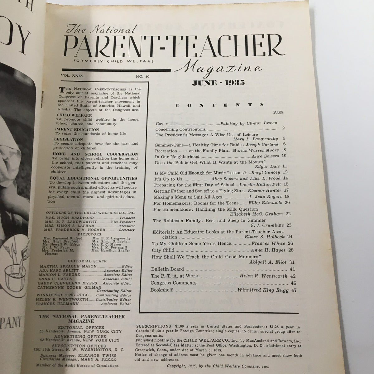 Interior page from The National Parent-Teacher Magazine June 1935 displaying the contents and editorial staff listings, highlighting educational topics and parental guidance.