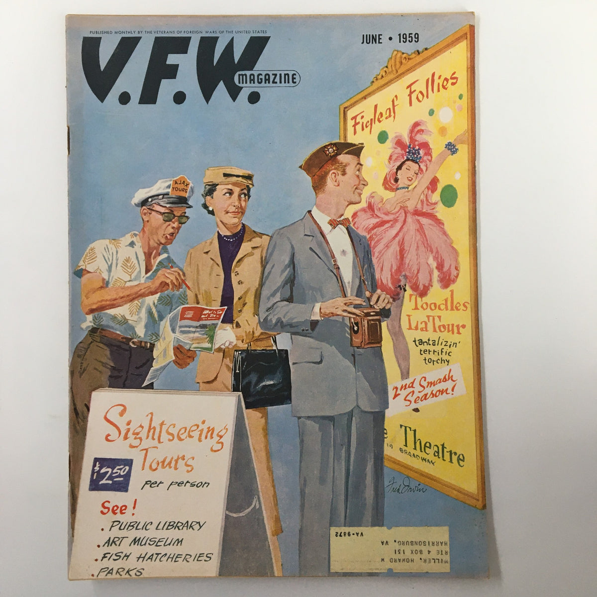VTG V.F.W. Magazine June 1959 cover featuring four individuals in vintage attire enjoying a sightseeing tour with promotional artwork for the theatre show 'Figleaf Follies'.
