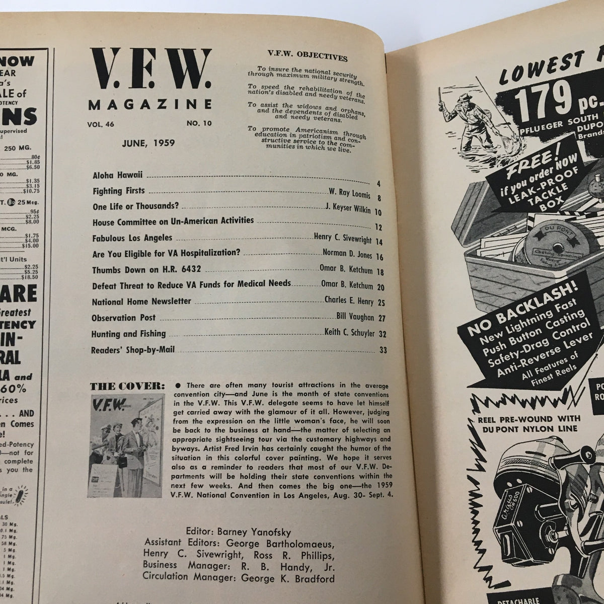 Inside page of VTG V.F.W. Magazine June 1959 displaying the table of contents, including articles about 'House Committee on Un-American Activities' and various objectives of the V.F.W.
