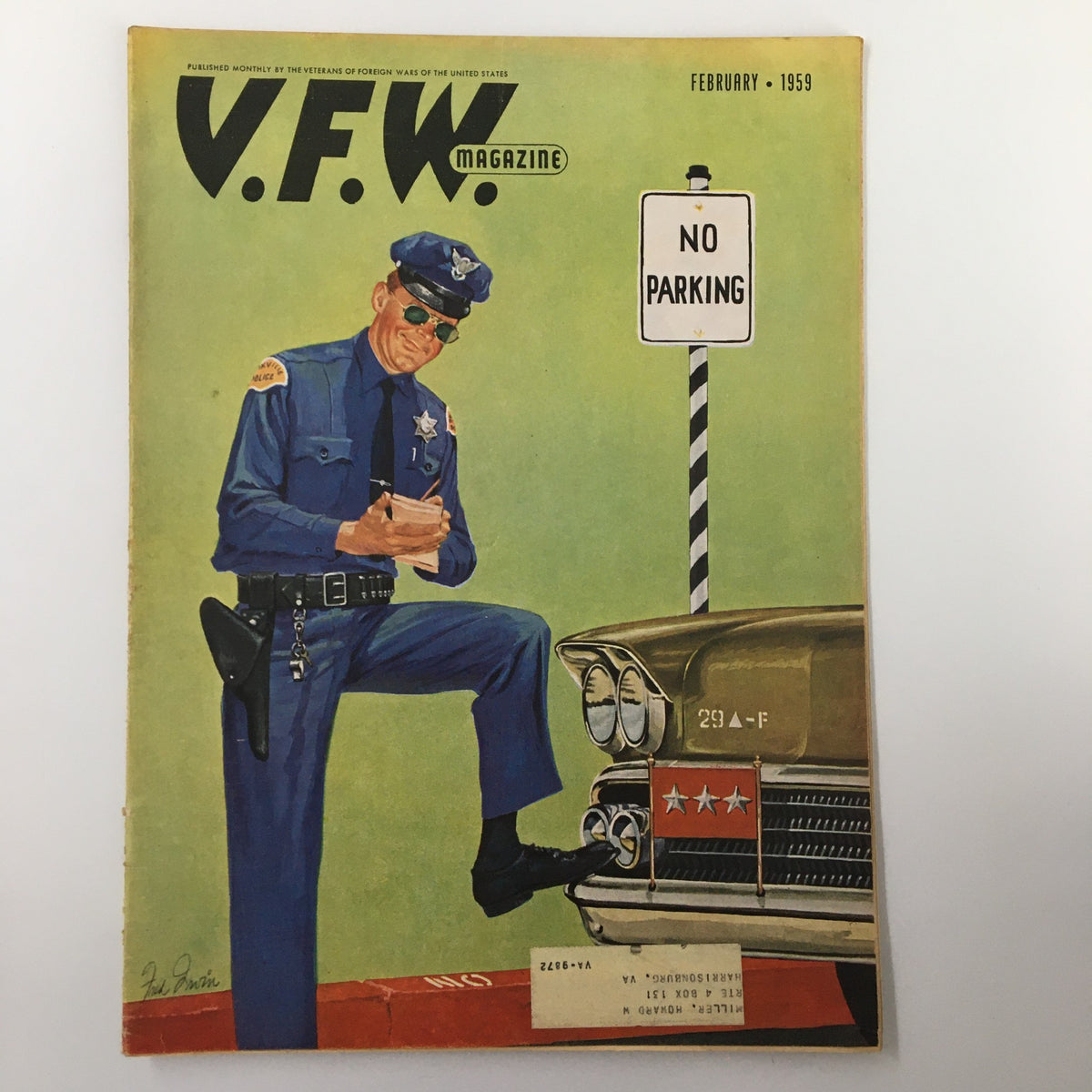 Cover of the VTG V.F.W. Magazine February 1959 featuring a vintage illustration of a police officer and a classic car, emphasizing the title 'Let's Help George Do A Job For The V.F.W.'.