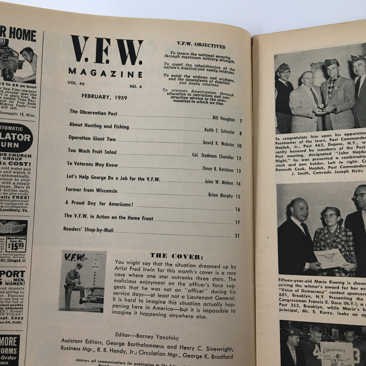 Interior page of the VTG V.F.W. Magazine February 1959 displaying the contents, including the title 'Let's Help George Do A Job For The V.F.W.' and various articles related to veterans affairs.