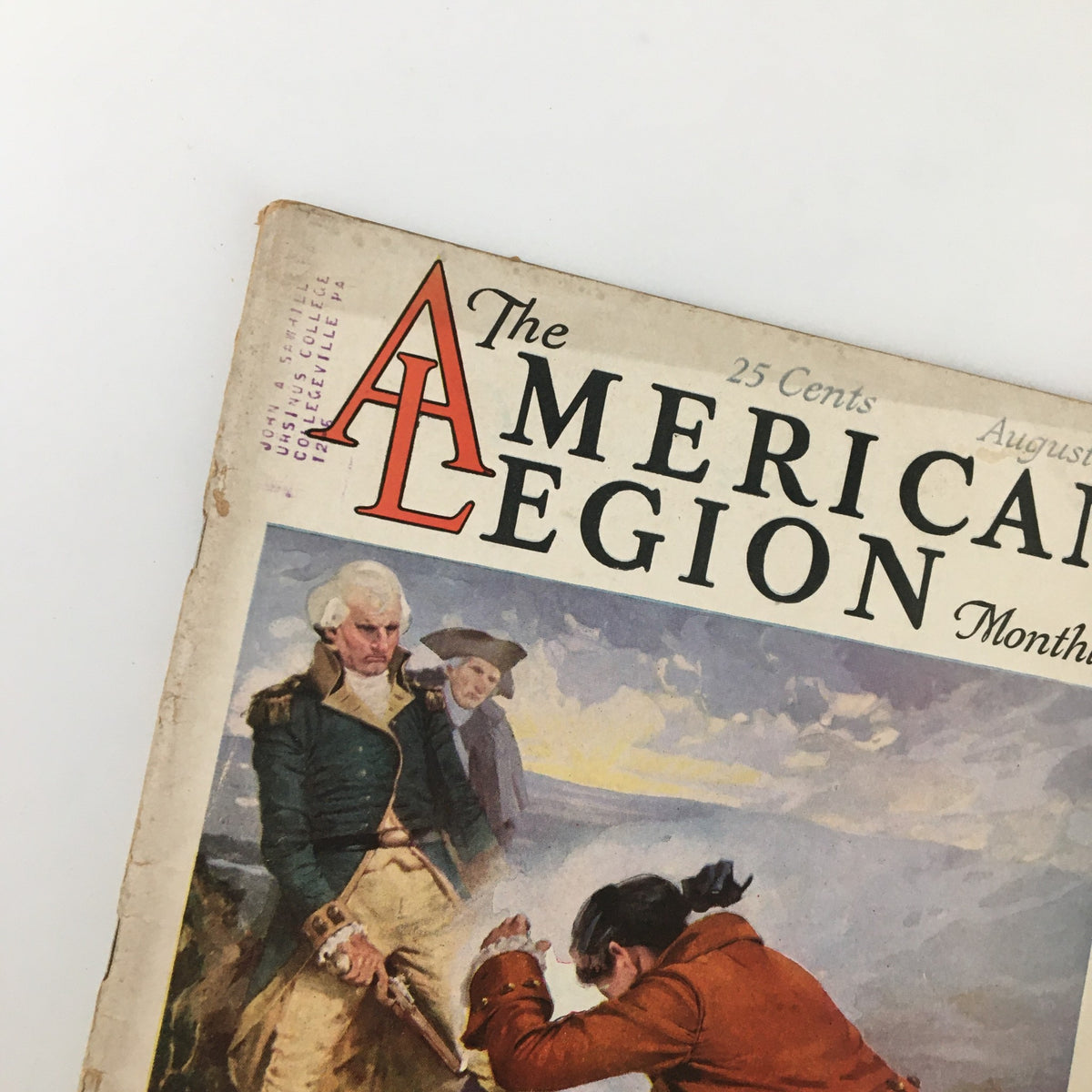 Close-up of the cover of VTG The American Legion Magazine August 1926, featuring the title 'The Greatest Fighting Machine' and an illustration of military scenes.