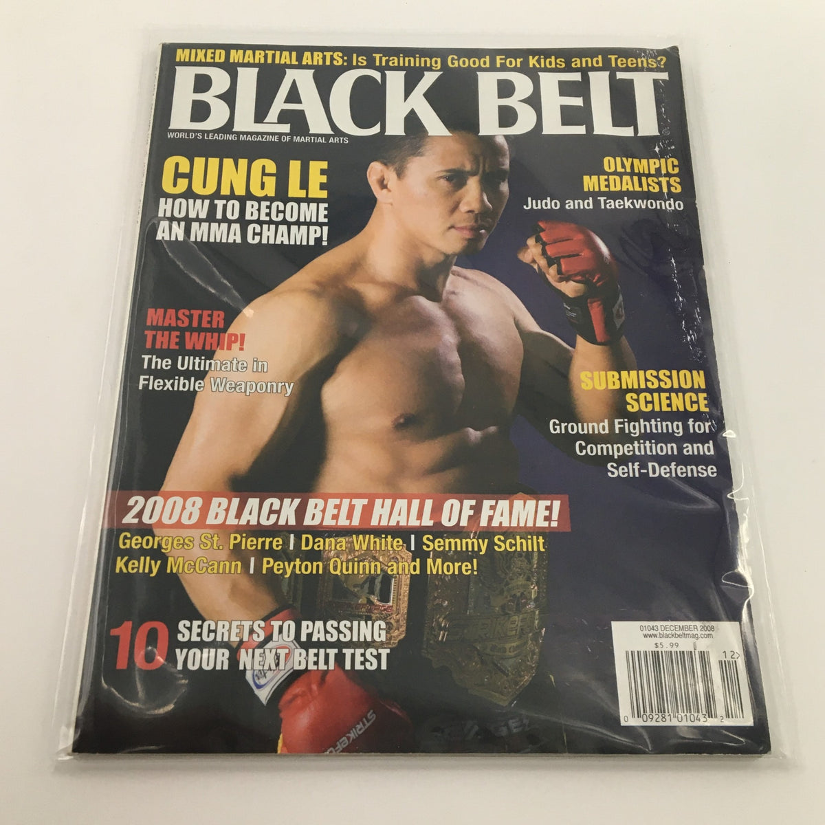 Black Belt Magazine December 2008 featuring MMA Champion Cung Le on the cover, showcasing his striking skills and martial arts achievements.