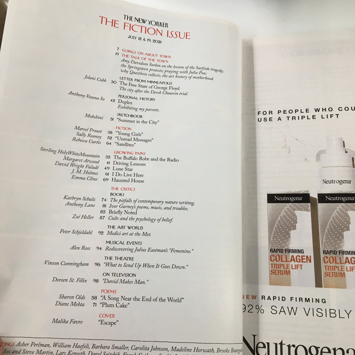 Interior page of The New Yorker Magazine July 12 2021 showing the table of contents, highlighting the fiction issue and including the cover theme 'Escape'.