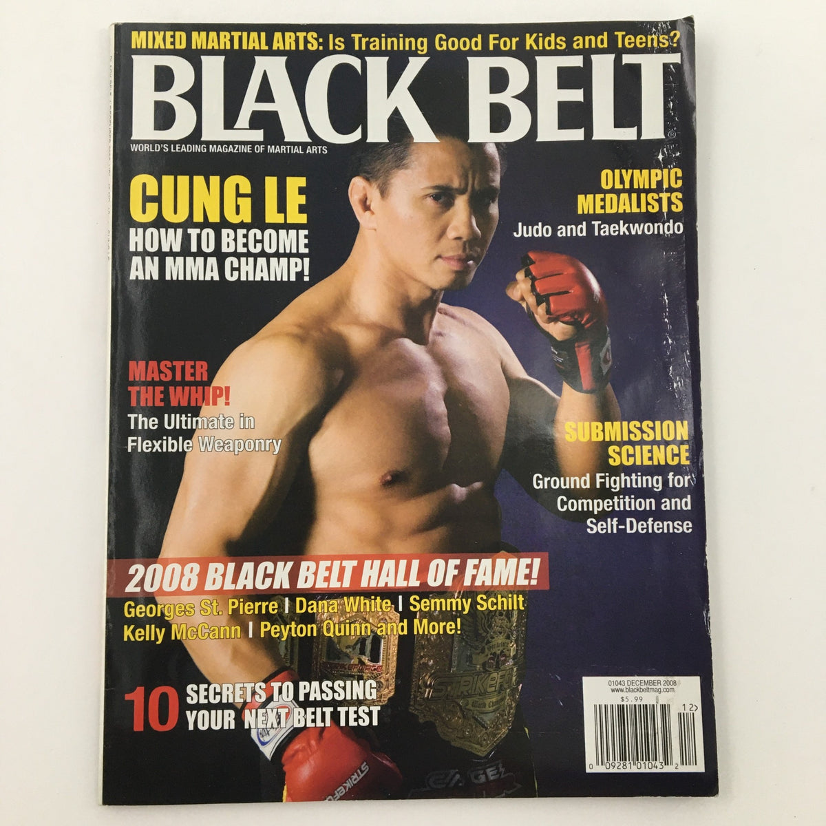 Close-up of Black Belt Magazine December 2008 with MMA Champion Cung Le on the front, highlighting articles on martial arts and MMA training.