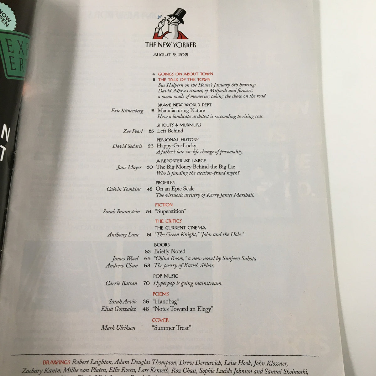 Table of contents for The New Yorker Magazine August 9 2021, showcasing various articles and features, including the cover theme 'Summer Treat'.