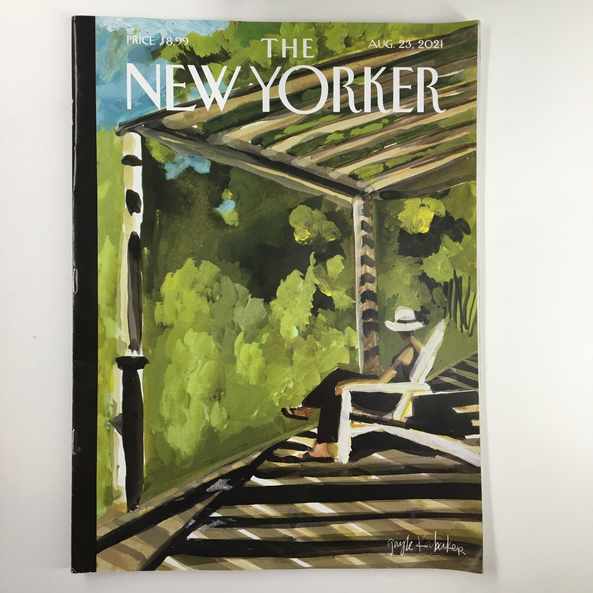 The New Yorker Magazine August 23 2021 Summer's Lease Cover by Gayle Kabaker, showcasing a serene summer setting with a figure relaxing on a porch surrounded by lush greenery.