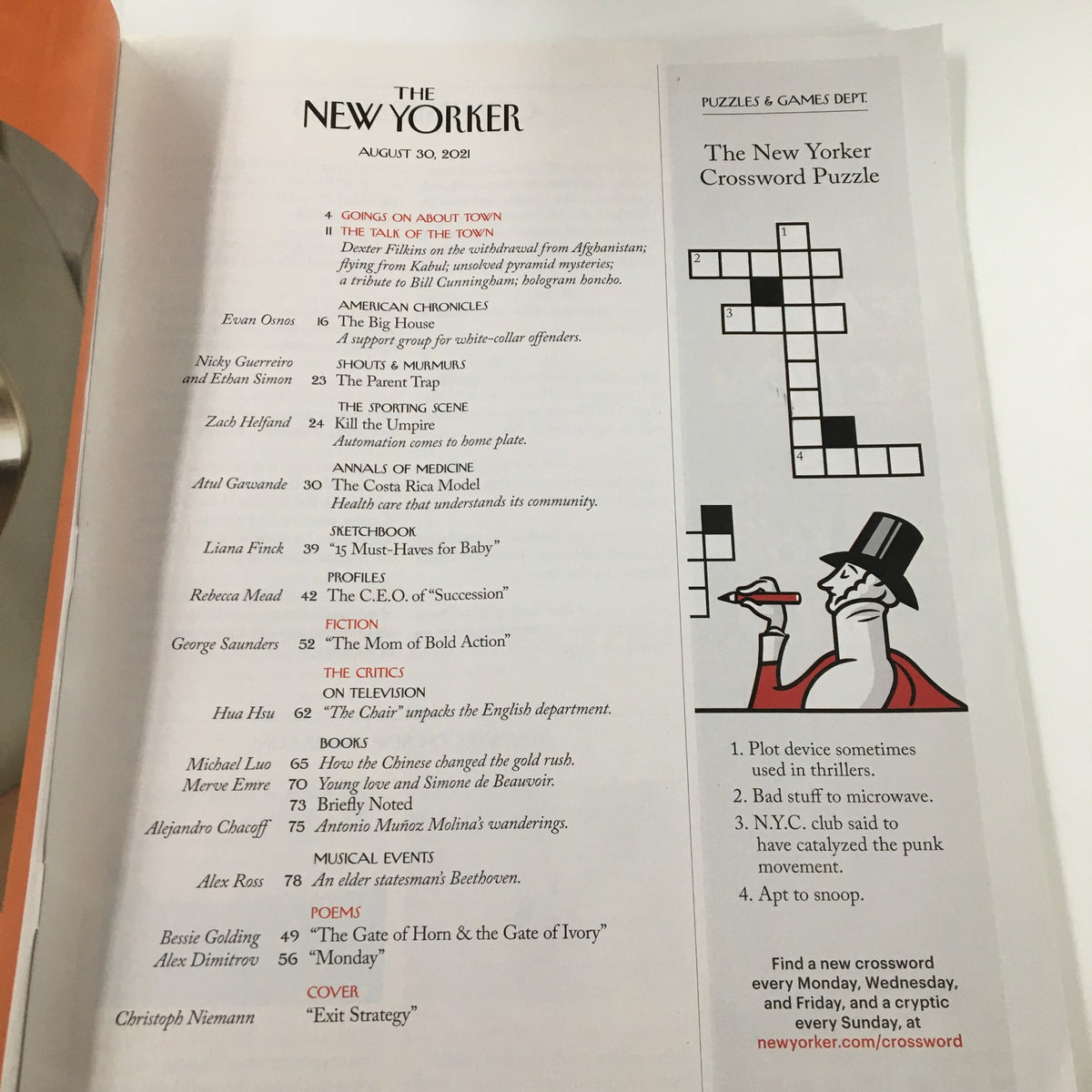 Interior page of The New Yorker Magazine August 30, 2021, showcasing the contents section including the crossword puzzle and articles, with a focus on Christoph Niemann's 'Exit Strategy'.