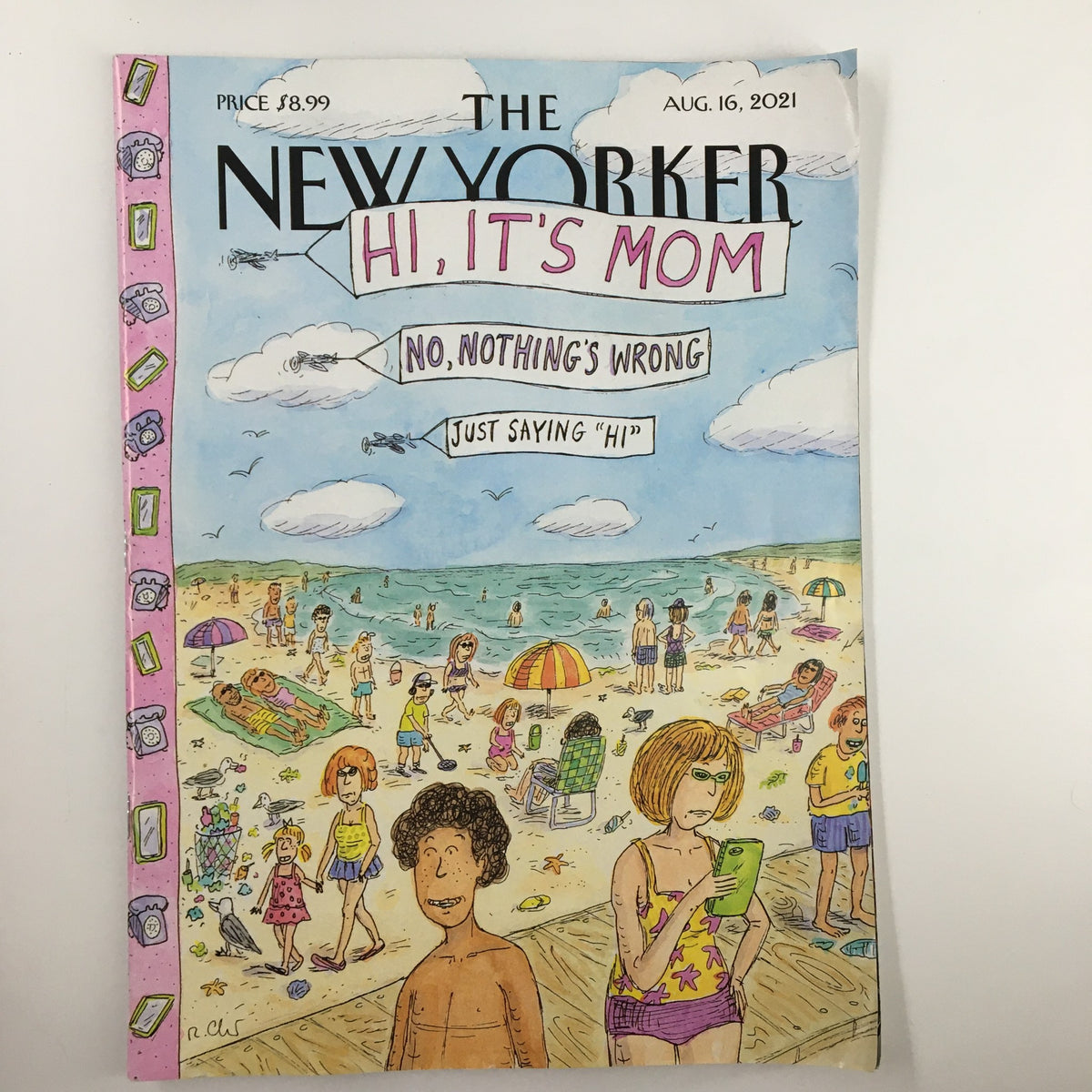 The New Yorker Magazine August 16, 2021 cover featuring the illustration 'Hi, It's Mom' by Roz Chast, depicting a beach scene with diverse characters enjoying summer activities.