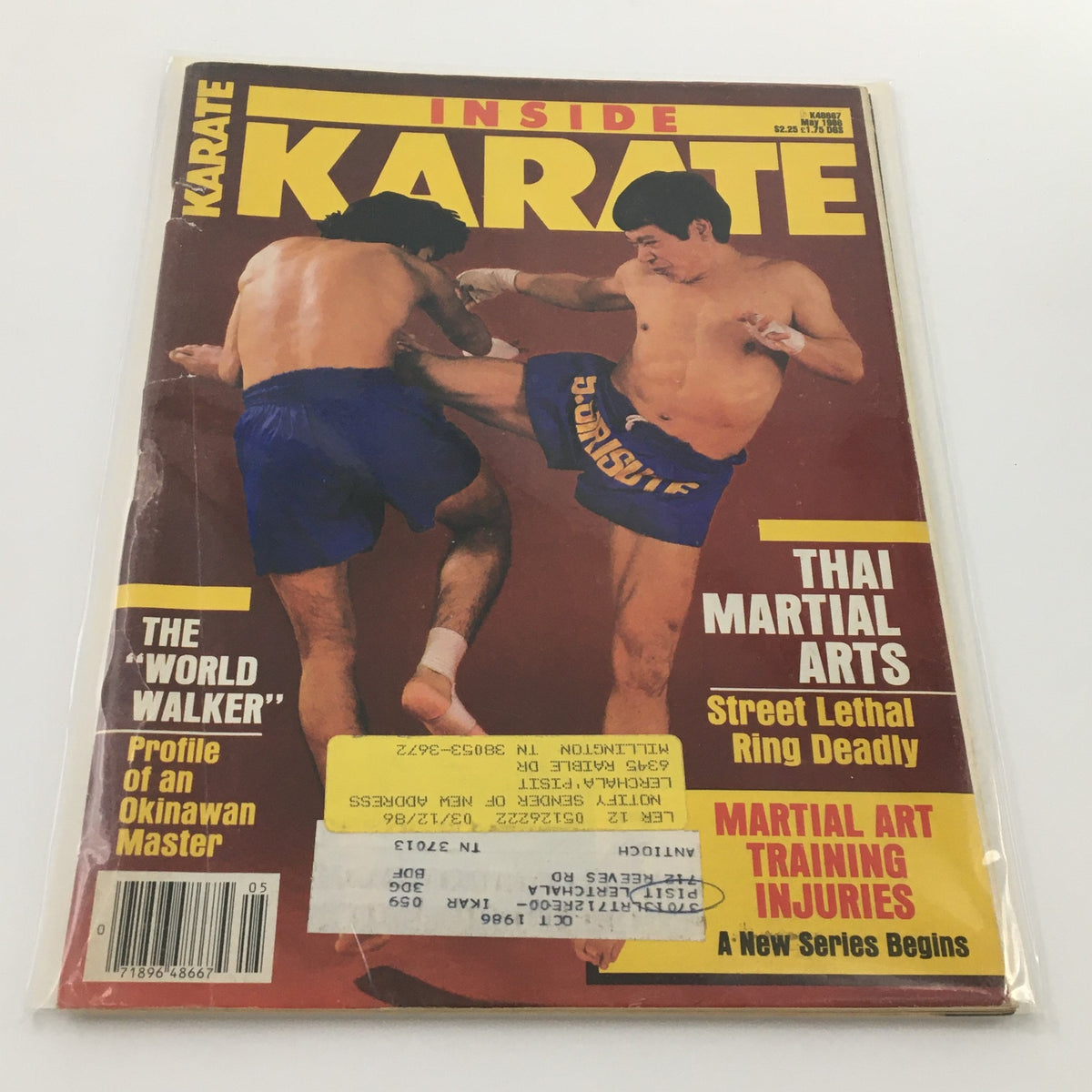 Inside Karate Magazine May 1988 cover featuring Thai martial arts and street fighting techniques, showcasing two martial artists in a sparring pose with prominent titles and labels.