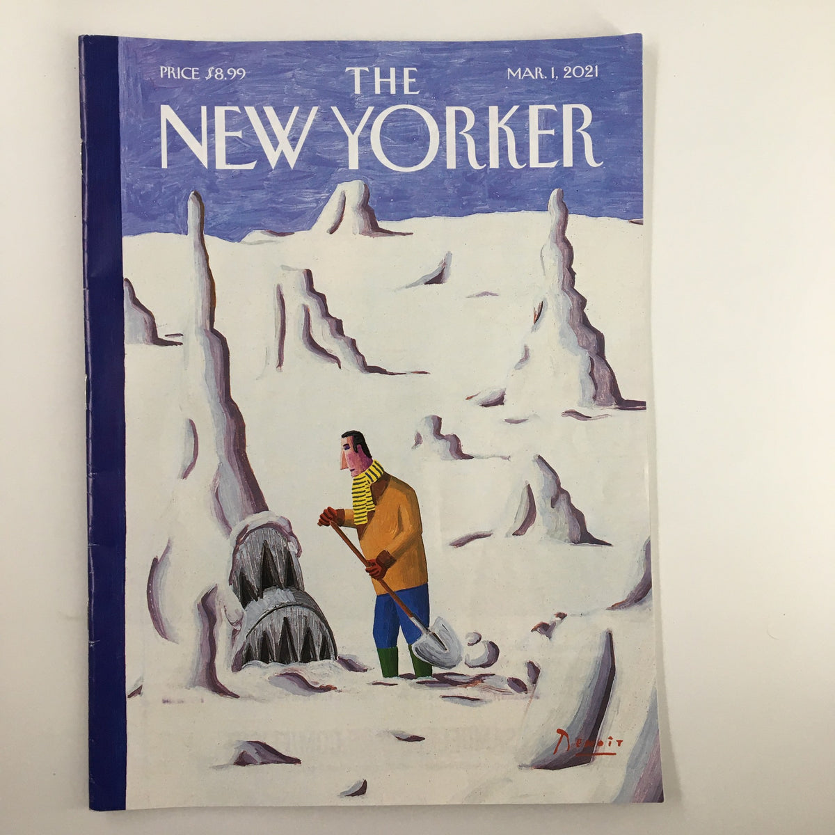 The New Yorker Magazine March 1 2021 cover featuring artistic illustration of a man shoveling snow with ice formations in the background, titled 'Under the Weather'.