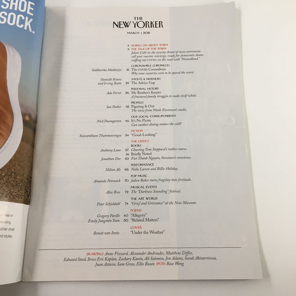An inside page of The New Yorker Magazine March 1 2021 showing the table of contents with various article titles and authors.