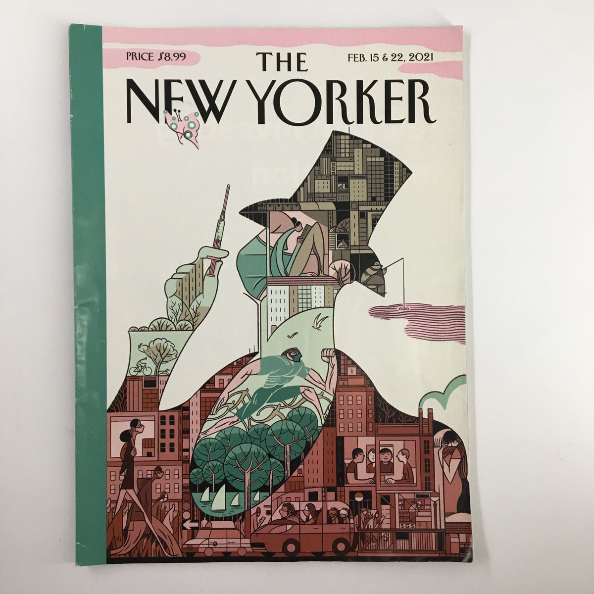 Cover of The New Yorker Magazine February 15, 2021 featuring Eustace Tilley at 96 by Sergio Sanchez, showcasing artistic and cultural elements.