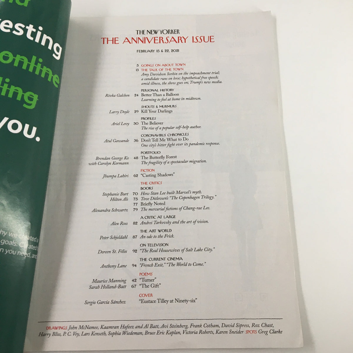 Contents page of The New Yorker Magazine February 15 & 22, 2021 highlighting notable articles, including Eustace Tilley at 96.
