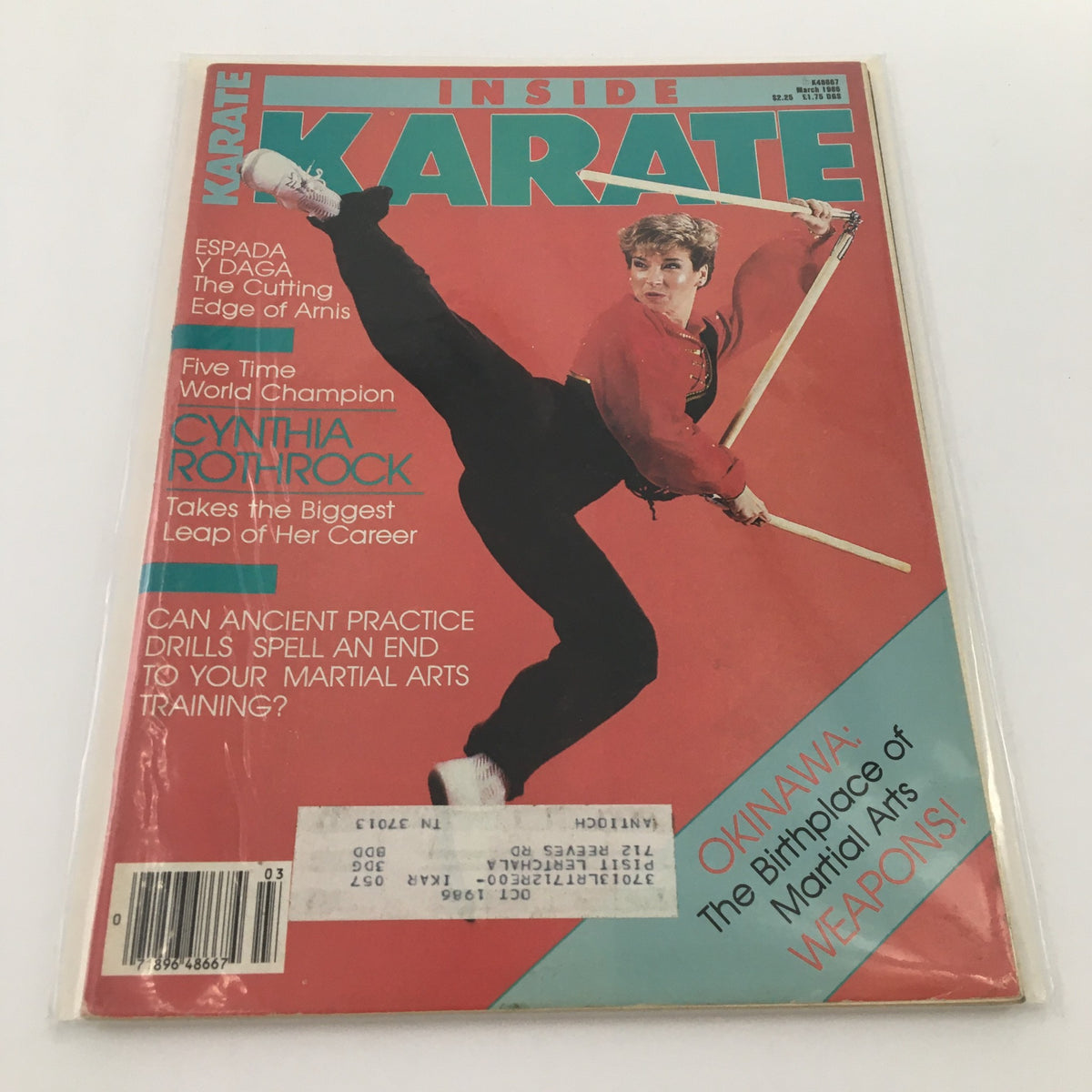 Inside Karate Magazine March 1988 featuring Cynthia Rothrock, a five-time world champion, executing martial arts moves with a focus on training and skills.