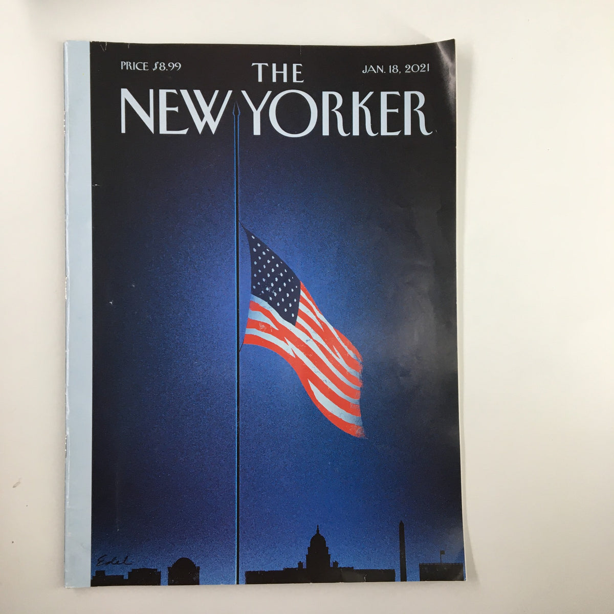 The New Yorker Magazine cover from January 18, 2021 featuring an American flag at half-mast, illustrated by Edel Rodriguez, reflecting on the insurrection events.
