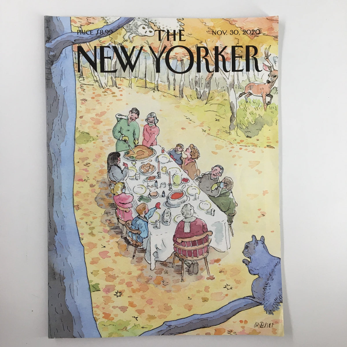 The New Yorker Magazine cover for November 30, 2020, featuring the illustration 'New Traditions' by Barry Blitt, depicting a family gathering in a fall landscape.