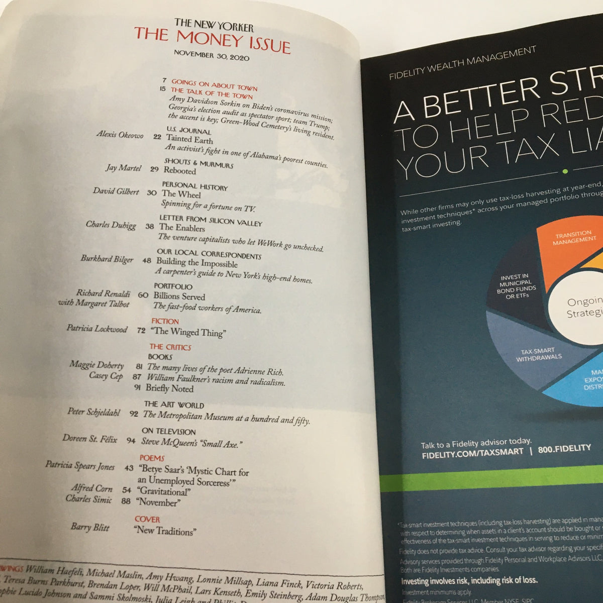 An interior page of The New Yorker Magazine from November 30, 2020, showcasing the table of contents for the issue, highlighting articles from various contributors.