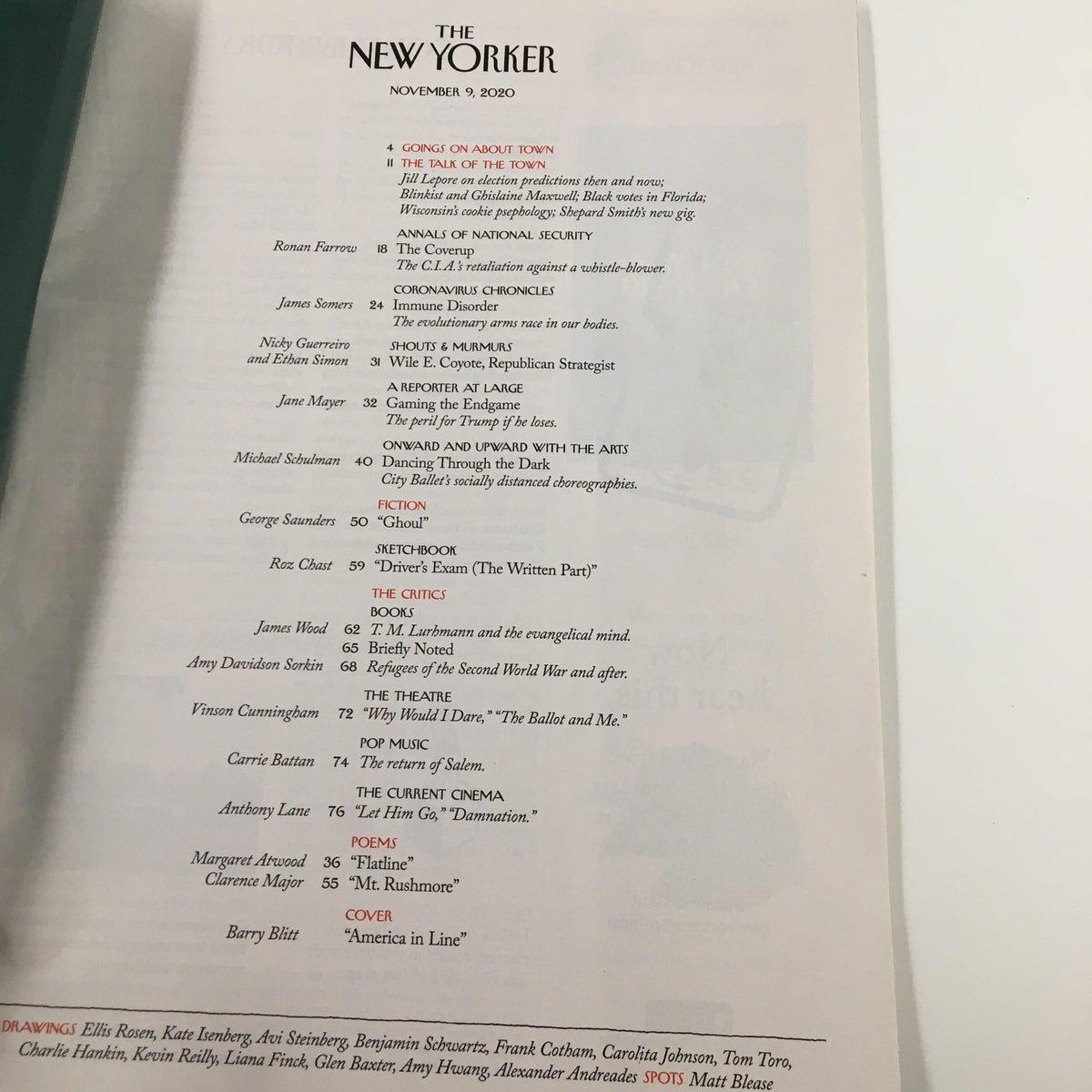 Table of contents for The New Yorker Magazine November 9 2020, listing articles and features, highlighting the issue's diverse commentary and storytelling.