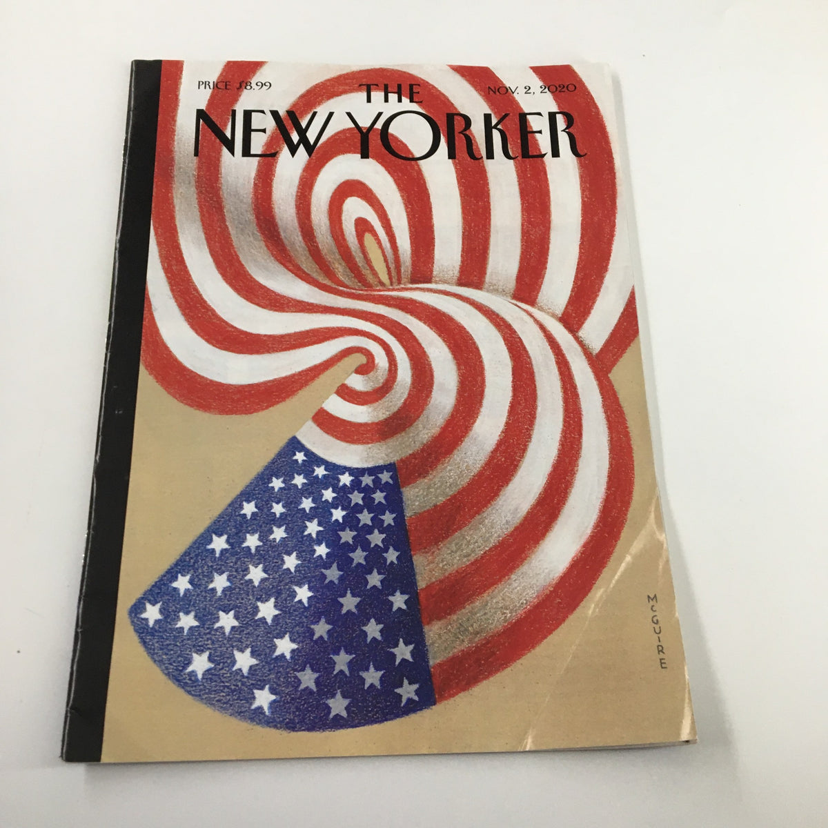 Cover of The New Yorker Magazine from November 2, 2020, featuring the artwork 'American Tumult' by Richard McGuire, showcasing a swirling design incorporating American flag elements.
