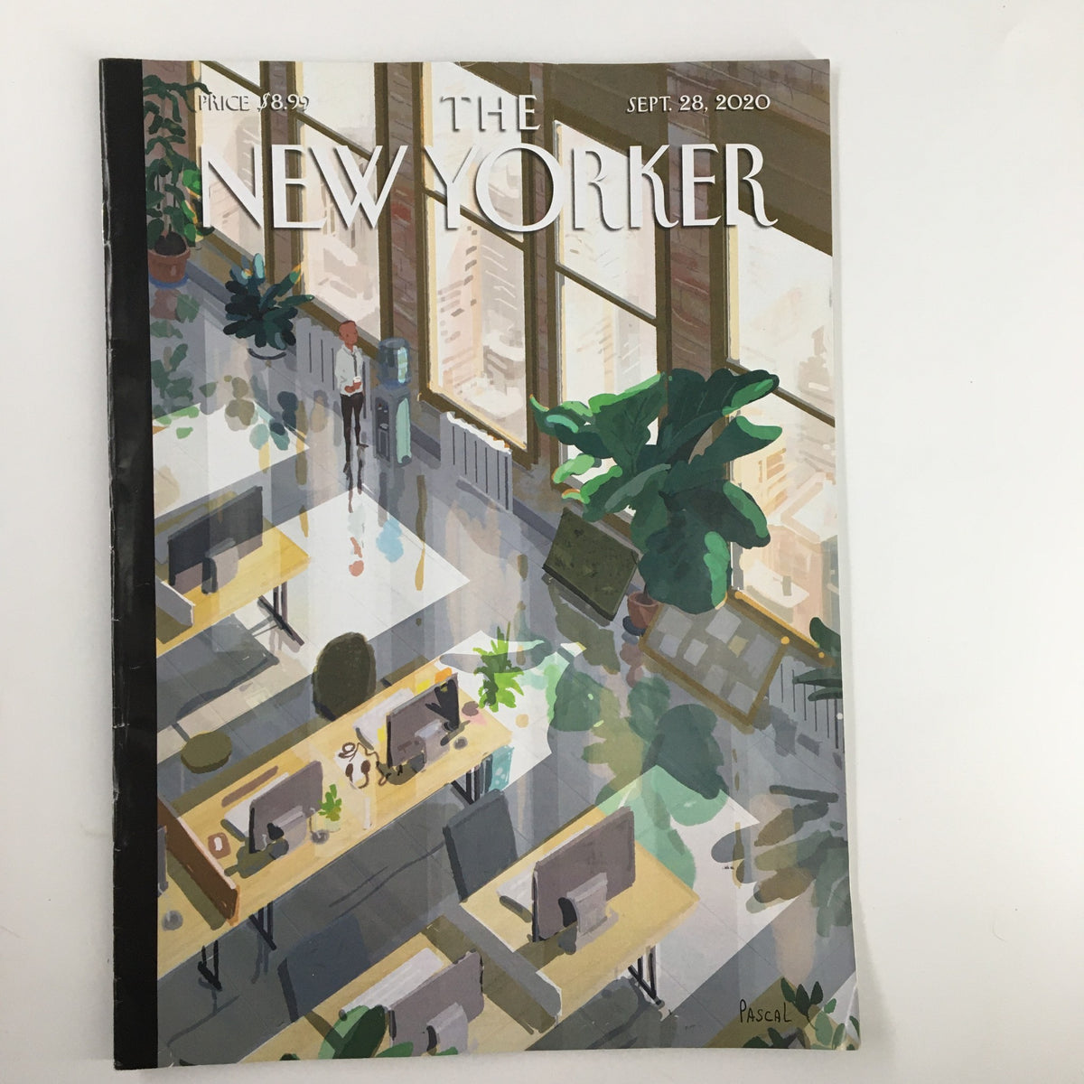 The New Yorker Magazine September 28 2020 featuring open offices cover art by Pascal Campion, showcasing modern workspace dynamics with lush indoor plant decorations.